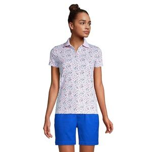 Lands' End Star Print Short Sleeve Polo, Red White Blue, 100% Cotton, Women's 1X